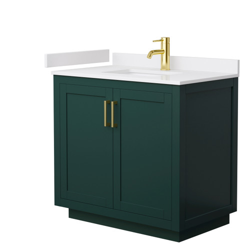 Wyndham WCF292936SGDWCUNSMXX Miranda 36 Inch Single Bathroom Vanity in Green, White Cultured Marble Countertop, Undermount Square Sink, Brushed Gold Trim