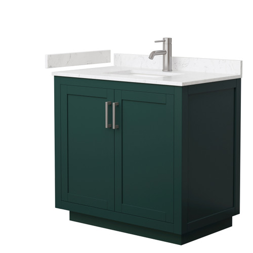Wyndham WCF292936SGEC2UNSMXX Miranda 36 Inch Single Bathroom Vanity in Green, Carrara Cultured Marble Countertop, Undermount Square Sink, Brushed Nickel Trim