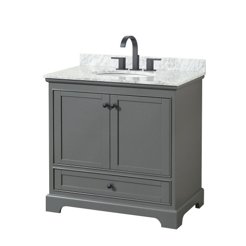 Wyndham WCS202036SGBCMUNOMXX Deborah 36 Inch Single Bathroom Vanity in Dark Gray, White Carrara Marble Countertop, Undermount Oval Sink, Matte Black Trim