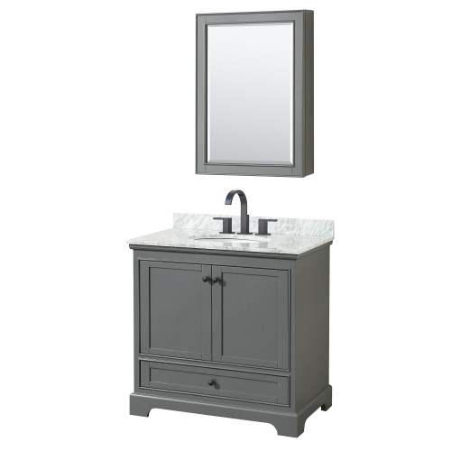 Wyndham WCS202036SGBCMUNOMED Deborah 36 Inch Single Bathroom Vanity in Dark Gray, White Carrara Marble Countertop, Undermount Oval Sink, Matte Black Trim, Medicine Cabinet