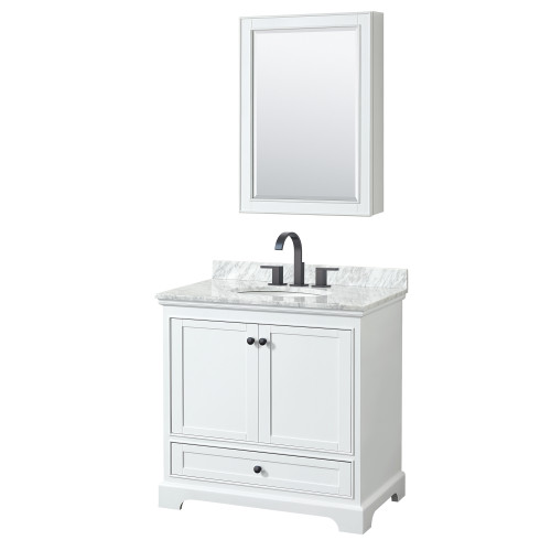 Wyndham WCS202036SWBCMUNOMED Deborah 36 Inch Single Bathroom Vanity in White, White Carrara Marble Countertop, Undermount Oval Sink, Matte Black Trim, Medicine Cabinet