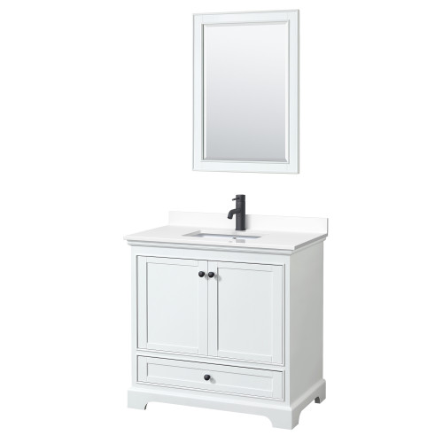 Wyndham WCS202036SWBWCUNSM24 Deborah 36 Inch Single Bathroom Vanity in White, White Cultured Marble Countertop, Undermount Square Sink, Matte Black Trim, 24 Inch Mirror