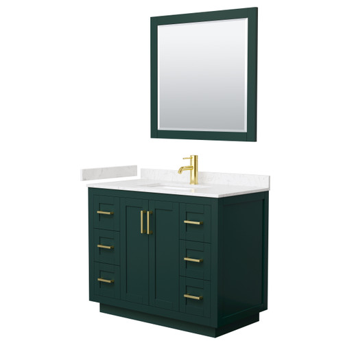 Wyndham WCF292942SGDC2UNSM34 Miranda 42 Inch Single Bathroom Vanity in Green, Carrara Cultured Marble Countertop, Undermount Square Sink, Brushed Gold Trim, 34 Inch Mirror