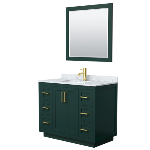 Wyndham WCF292942SGDCMUNSM34 Miranda 42 Inch Single Bathroom Vanity in Green, White Carrara Marble Countertop, Undermount Square Sink, Brushed Gold Trim, 34 Inch Mirror