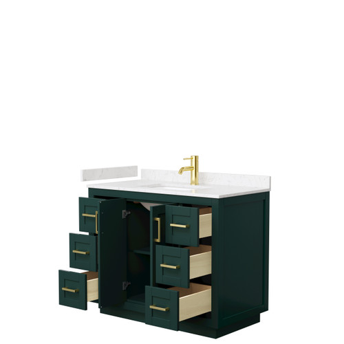 Wyndham WCF292942SGDC2UNSMXX Miranda 42 Inch Single Bathroom Vanity in Green, Carrara Cultured Marble Countertop, Undermount Square Sink, Brushed Gold Trim