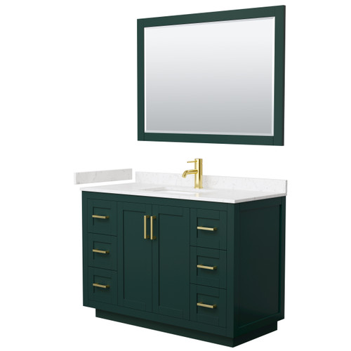 Wyndham WCF292948SGDC2UNSM46 Miranda 48 Inch Single Bathroom Vanity in Green, Carrara Cultured Marble Countertop, Undermount Square Sink, Brushed Gold Trim, 46 Inch Mirror