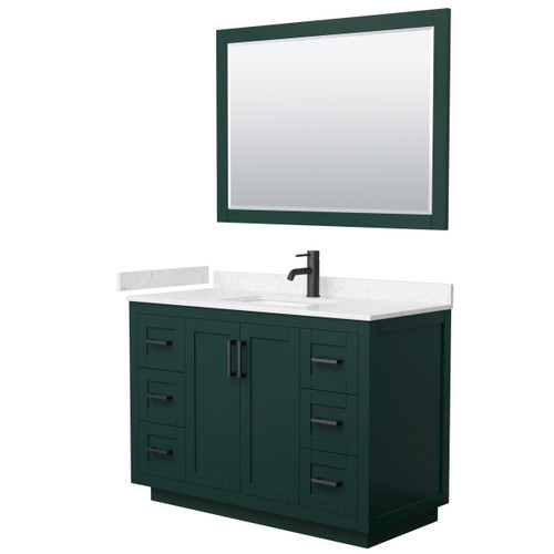 Wyndham WCF292948SGKC2UNSM46 Miranda 48 Inch Single Bathroom Vanity in Green, Carrara Cultured Marble Countertop, Undermount Square Sink, Matte Black Trim, 46 Inch Mirror