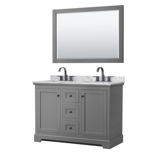 Wyndham WCV232348DGBCMUNOM46 Avery 48 Inch Double Bathroom Vanity in Dark Gray, White Carrara Marble Countertop, Undermount Oval Sinks, Matte Black Trim, 46 Inch Mirror