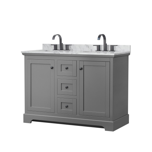 Wyndham WCV232348DGBCMUNOMXX Avery 48 Inch Double Bathroom Vanity in Dark Gray, White Carrara Marble Countertop, Undermount Oval Sinks, Matte Black Trim
