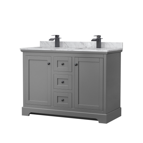 Wyndham WCV232348DGBCMUNSMXX Avery 48 Inch Double Bathroom Vanity in Dark Gray, White Carrara Marble Countertop, Undermount Square Sinks, Matte Black Trim