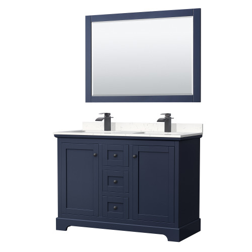 Wyndham WCV232348DBBC2UNSM46 Avery 48 Inch Double Bathroom Vanity in Dark Blue, Carrara Cultured Marble Countertop, Undermount Square Sinks, Matte Black Trim, 46 Inch Mirror