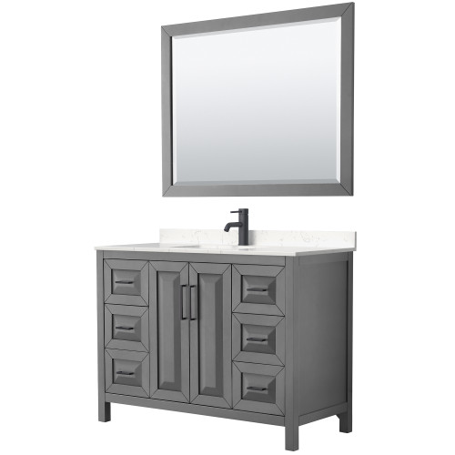 Wyndham WCV252548SGBC2UNSM46 Daria 48 Inch Single Bathroom Vanity in Dark Gray, Carrara Cultured Marble Countertop, Undermount Square Sink, Matte Black Trim, 46 Inch Mirror