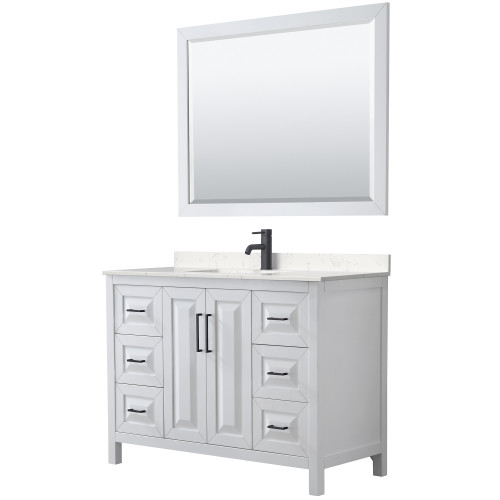 Wyndham WCV252548SWBC2UNSM46 Daria 48 Inch Single Bathroom Vanity in White, Carrara Cultured Marble Countertop, Undermount Square Sink, Matte Black Trim, 46 Inch Mirror