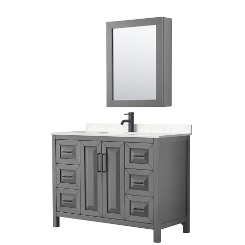 Wyndham WCV252548SGBC2UNSMED Daria 48 Inch Single Bathroom Vanity in Dark Gray, Carrara Cultured Marble Countertop, Undermount Square Sink, Matte Black Trim, Medicine Cabinet