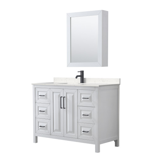 Wyndham WCV252548SWBC2UNSMED Daria 48 Inch Single Bathroom Vanity in White, Carrara Cultured Marble Countertop, Undermount Square Sink, Matte Black Trim, Medicine Cabinet