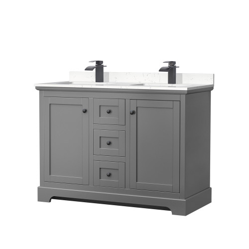 Wyndham WCV232348DGBC2UNSMXX Avery 48 Inch Double Bathroom Vanity in Dark Gray, Carrara Cultured Marble Countertop, Undermount Square Sinks, Matte Black Trim