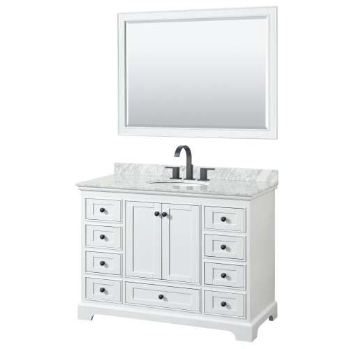 Wyndham WCS202048SWBCMUNOM46 Deborah 48 Inch Single Bathroom Vanity in White, White Carrara Marble Countertop, Undermount Oval Sink, Matte Black Trim, 46 Inch Mirror
