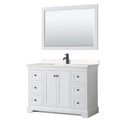 Wyndham WCV232348SWBC2UNSM46 Avery 48 Inch Single Bathroom Vanity in White, Carrara Cultured Marble Countertop, Undermount Square Sink, Matte Black Trim, 46 Inch Mirror
