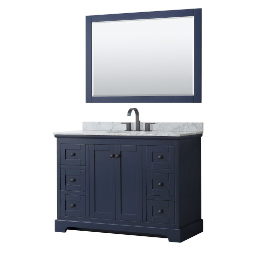Wyndham WCV232348SBBCMUNOM46 Avery 48 Inch Single Bathroom Vanity in Dark Blue, White Carrara Marble Countertop, Undermount Oval Sink, Matte Black Trim, 46 Inch Mirror