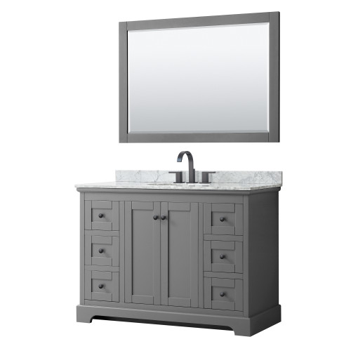 Wyndham WCV232348SGBCMUNOM46 Avery 48 Inch Single Bathroom Vanity in Dark Gray, White Carrara Marble Countertop, Undermount Oval Sink, Matte Black Trim, 46 Inch Mirror