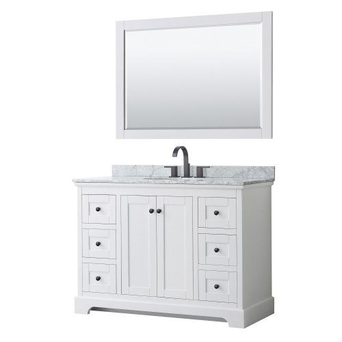 Wyndham WCV232348SWBCMUNOM46 Avery 48 Inch Single Bathroom Vanity in White, White Carrara Marble Countertop, Undermount Oval Sink, Matte Black Trim, 46 Inch Mirror