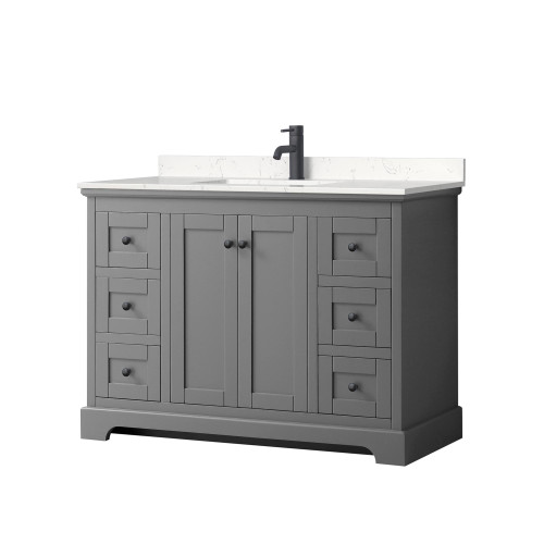 Wyndham WCV232348SGBC2UNSMXX Avery 48 Inch Single Bathroom Vanity in Dark Gray, Carrara Cultured Marble Countertop, Undermount Square Sink, Matte Black Trim