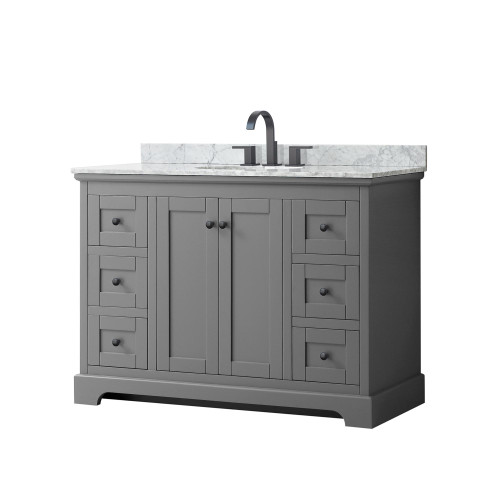 Wyndham WCV232348SGBCMUNOMXX Avery 48 Inch Single Bathroom Vanity in Dark Gray, White Carrara Marble Countertop, Undermount Oval Sink, Matte Black Trim