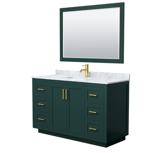 Wyndham WCF292954SGDCMUNSM46 Miranda 54 Inch Single Bathroom Vanity in Green, White Carrara Marble Countertop, Undermount Square Sink, Brushed Gold Trim, 46 Inch Mirror