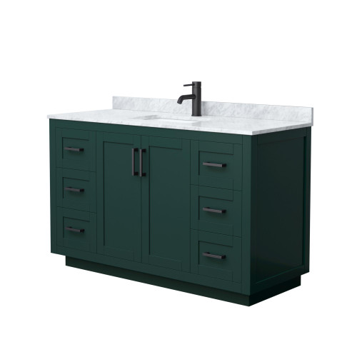 Wyndham WCF292954SGKCMUNSMXX Miranda 54 Inch Single Bathroom Vanity in Green, White Carrara Marble Countertop, Undermount Square Sink, Matte Black Trim