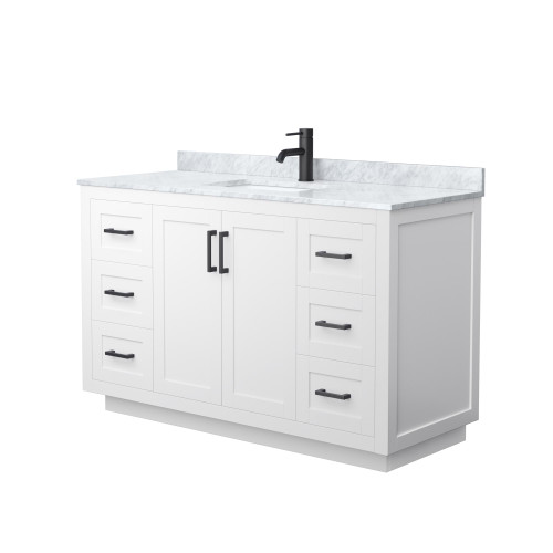 Wyndham WCF292954SWBCMUNSMXX Miranda 54 Inch Single Bathroom Vanity in White, White Carrara Marble Countertop, Undermount Square Sink, Matte Black Trim