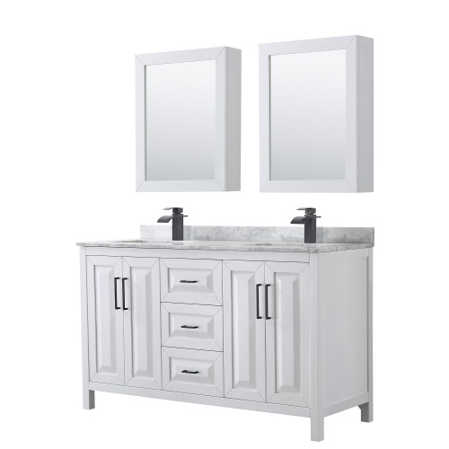 Wyndham WCV252560DWBCMUNSMED Daria 60 Inch Double Bathroom Vanity in White, White Carrara Marble Countertop, Undermount Square Sinks, Matte Black Trim, Medicine Cabinets