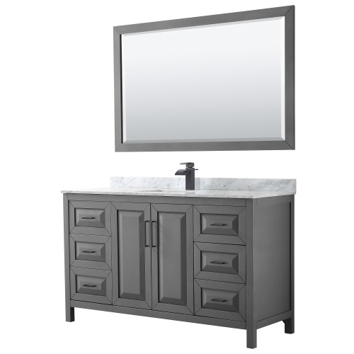 Wyndham WCV252560SGBCMUNSM58 Daria 60 Inch Single Bathroom Vanity in Dark Gray, White Carrara Marble Countertop, Undermount Square Sink, Matte Black Trim, 58 Inch Mirror