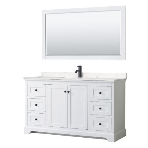 Wyndham WCV232360SWBC2UNSM58 Avery 60 Inch Single Bathroom Vanity in White, Carrara Cultured Marble Countertop, Undermount Square Sink, Matte Black Trim, 58 Inch Mirror