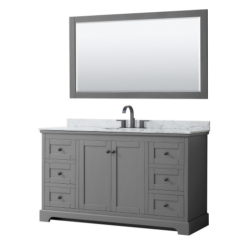 Wyndham WCV232360SGBCMUNOM58 Avery 60 Inch Single Bathroom Vanity in Dark Gray, White Carrara Marble Countertop, Undermount Oval Sink, Matte Black Trim, 58 Inch Mirror