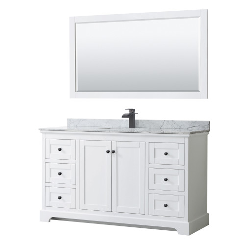 Wyndham WCV232360SWBCMUNSM58 Avery 60 Inch Single Bathroom Vanity in White, White Carrara Marble Countertop, Undermount Square Sink, Matte Black Trim, 58 Inch Mirror
