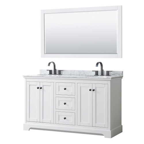 Wyndham WCV232360DWBCMUNOM58 Avery 60 Inch Double Bathroom Vanity in White, White Carrara Marble Countertop, Undermount Oval Sinks, Matte Black Trim, 58 Inch Mirror
