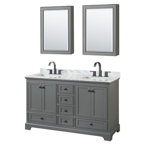 Wyndham WCS202060DGBCMUNSMED Deborah 60 Inch Double Bathroom Vanity in Dark Gray, White Carrara Marble Countertop, Undermount Square Sinks, Matte Black Trim, Medicine Cabinets