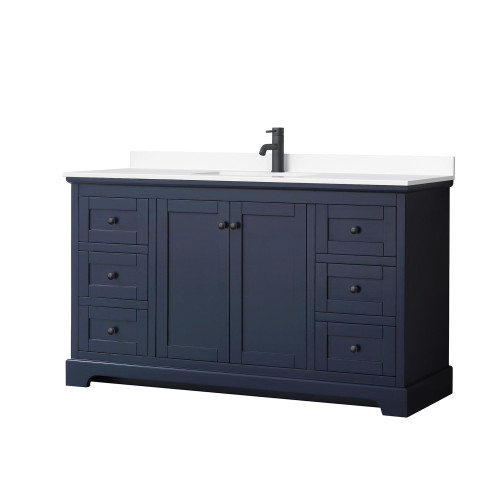 Wyndham WCV232360SBBWCUNSMXX Avery 60 Inch Single Bathroom Vanity in Dark Blue, White Cultured Marble Countertop, Undermount Square Sink, Matte Black Trim