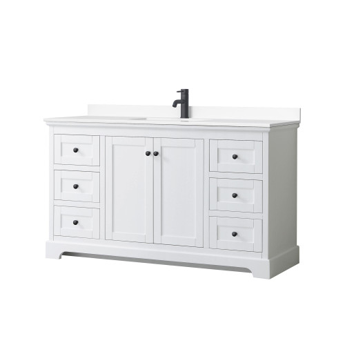 Wyndham WCV232360SWBWCUNSMXX Avery 60 Inch Single Bathroom Vanity in White, White Cultured Marble Countertop, Undermount Square Sink, Matte Black Trim