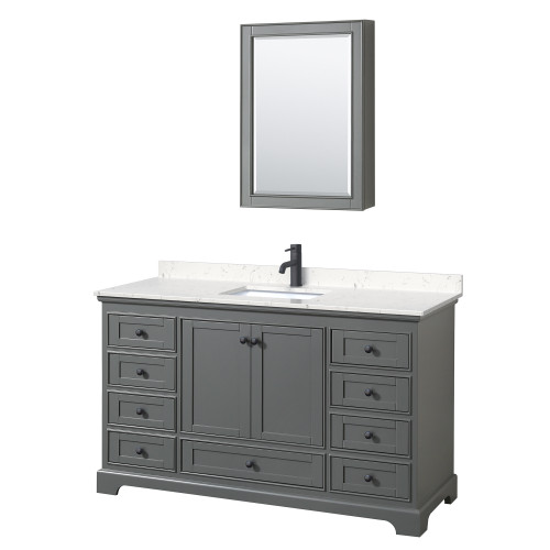 Wyndham WCS202060SGBC2UNSMED Deborah 60 Inch Single Bathroom Vanity in Dark Gray, Carrara Cultured Marble Countertop, Undermount Square Sink, Matte Black Trim, Medicine Cabinet