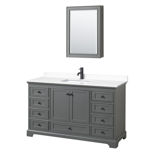 Wyndham WCS202060SGBWCUNSMED Deborah 60 Inch Single Bathroom Vanity in Dark Gray, White Cultured Marble Countertop, Undermount Square Sink, Matte Black Trim, Medicine Cabinet