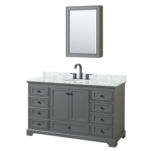 Wyndham WCS202060SGBCMUNOMED Deborah 60 Inch Single Bathroom Vanity in Dark Gray, White Carrara Marble Countertop, Undermount Oval Sink, Matte Black Trim, Medicine Cabinet