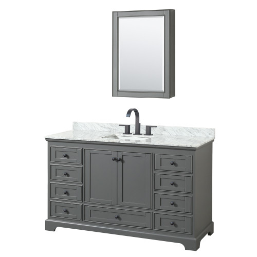 Wyndham WCS202060SGBCMUNSMED Deborah 60 Inch Single Bathroom Vanity in Dark Gray, White Carrara Marble Countertop, Undermount Square Sink, Matte Black Trim, Medicine Cabinet