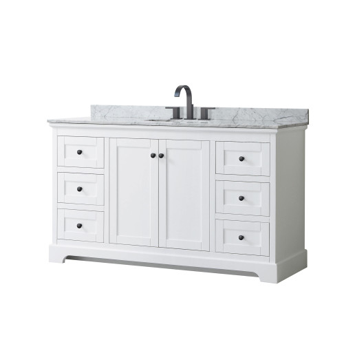 Wyndham WCV232360SWBCMUNOMXX Avery 60 Inch Single Bathroom Vanity in White, White Carrara Marble Countertop, Undermount Oval Sink, Matte Black Trim