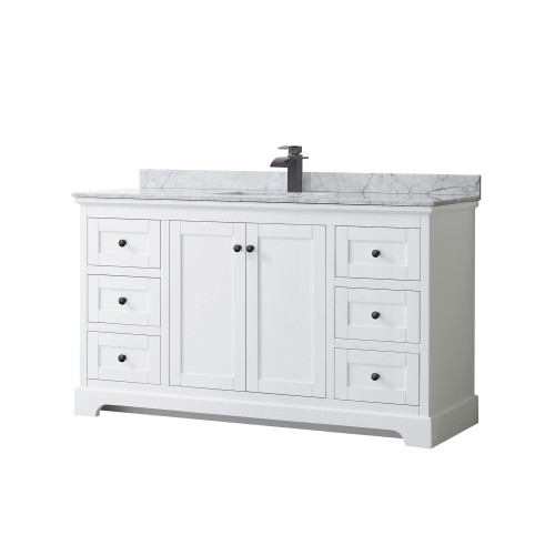 Wyndham WCV232360SWBCMUNSMXX Avery 60 Inch Single Bathroom Vanity in White, White Carrara Marble Countertop, Undermount Square Sink, Matte Black Trim