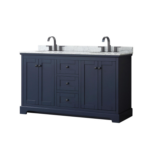 Wyndham WCV232360DBBCMUNOMXX Avery 60 Inch Double Bathroom Vanity in Dark Blue, White Carrara Marble Countertop, Undermount Oval Sinks, Matte Black Trim