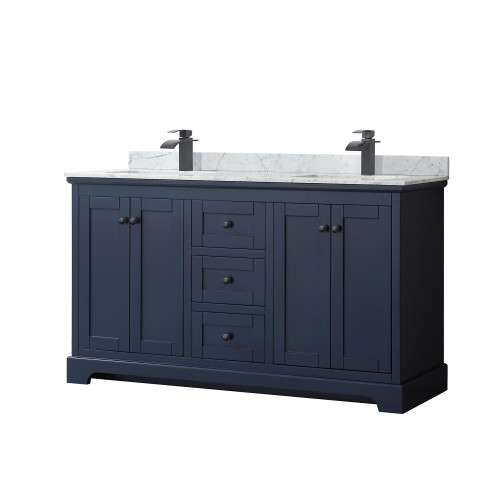 Wyndham WCV232360DBBCMUNSMXX Avery 60 Inch Double Bathroom Vanity in Dark Blue, White Carrara Marble Countertop, Undermount Square Sinks, Matte Black Trim