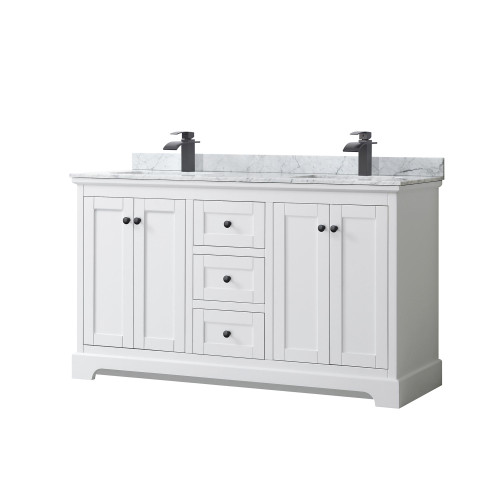 Wyndham WCV232360DWBCMUNSMXX Avery 60 Inch Double Bathroom Vanity in White, White Carrara Marble Countertop, Undermount Square Sinks, Matte Black Trim