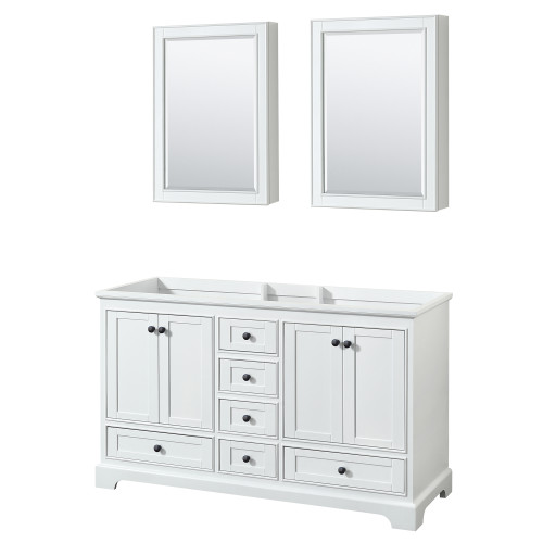 Wyndham WCS202060DWBCXSXXMED Deborah 60 Inch Double Bathroom Vanity in White, No Countertop, No Sinks, Matte Black Trim, Medicine Cabinets