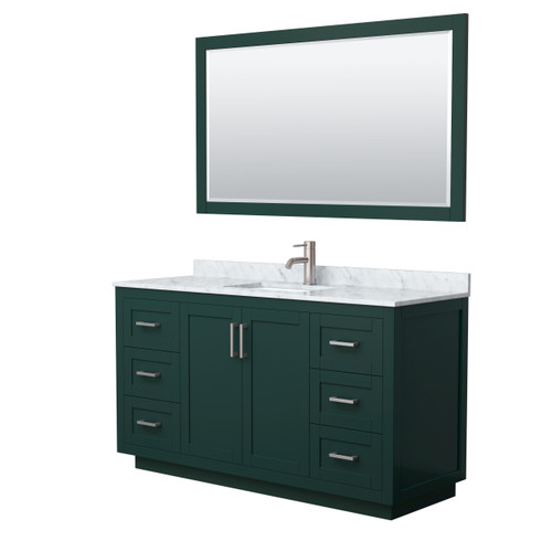 Wyndham WCF292960SGECMUNSM58 Miranda 60 Inch Single Bathroom Vanity in Green, White Carrara Marble Countertop, Undermount Square Sink, Brushed Nickel Trim, 58 Inch Mirror